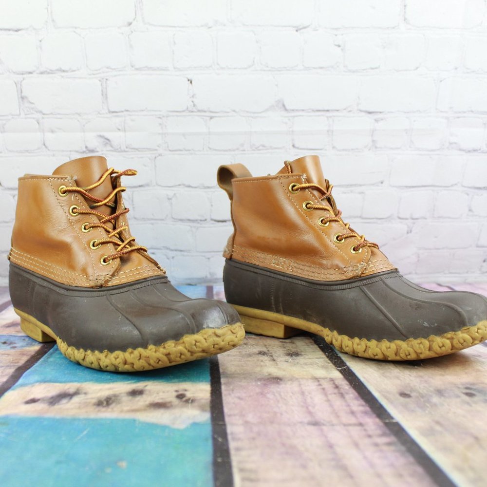 LL Bean Brown Leather Unlined Lace-up Ankle Duck Boots Size M 7  L 9 - Picture 3 of 9